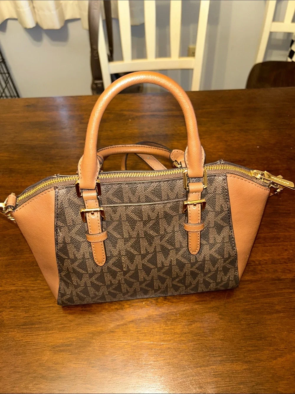 Michael Kors Brown MK Logo Satchel with Tan Accents